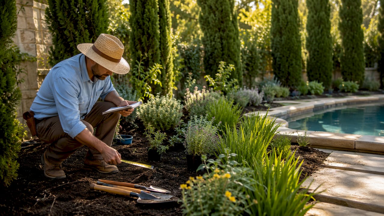 Landscaper planning layered plants near pool