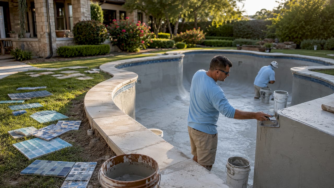 Workers plastering pool interior during renovation