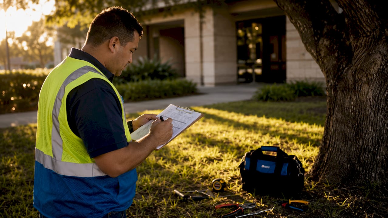 Technician marking campus inspection checklist