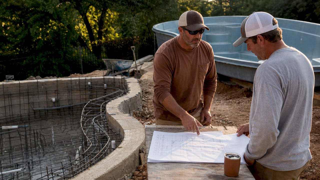 Outdoor pool construction site with concrete and fiberglass shells