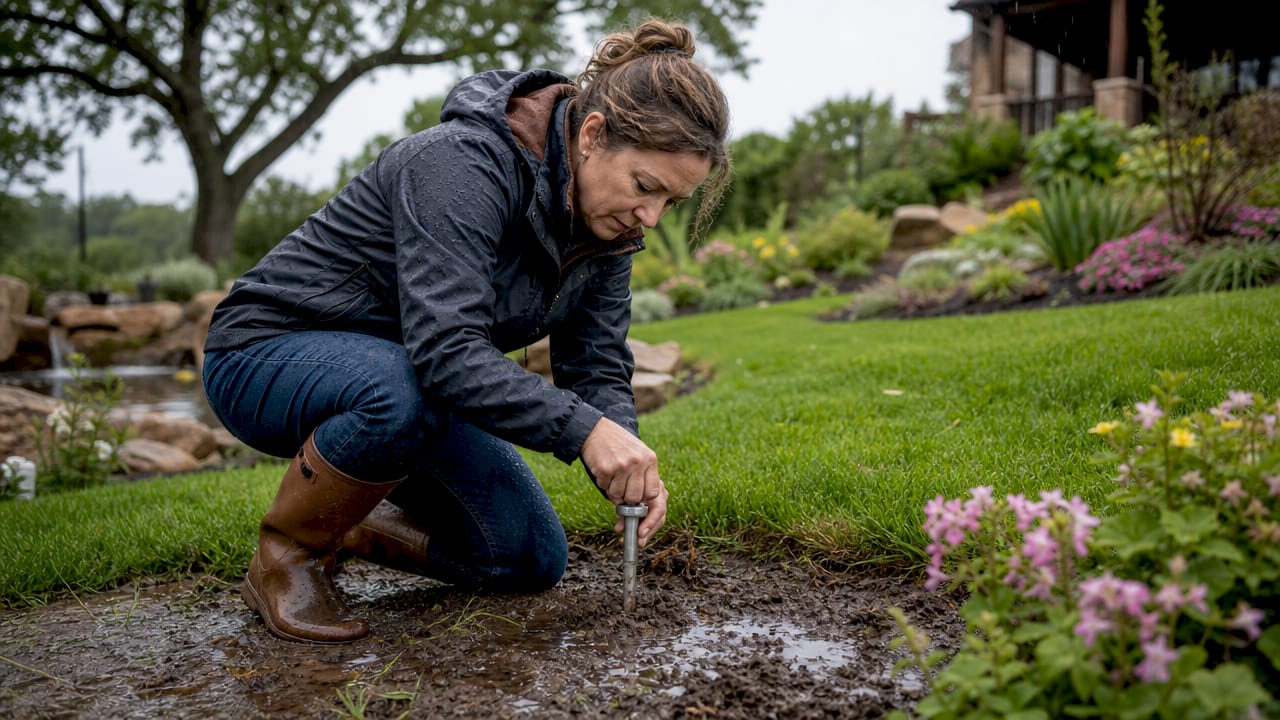 Technician testing soil drainage after rain
