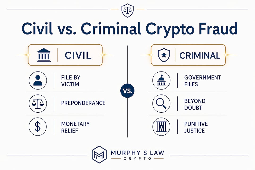 Infographic comparing civil and criminal crypto fraud cases