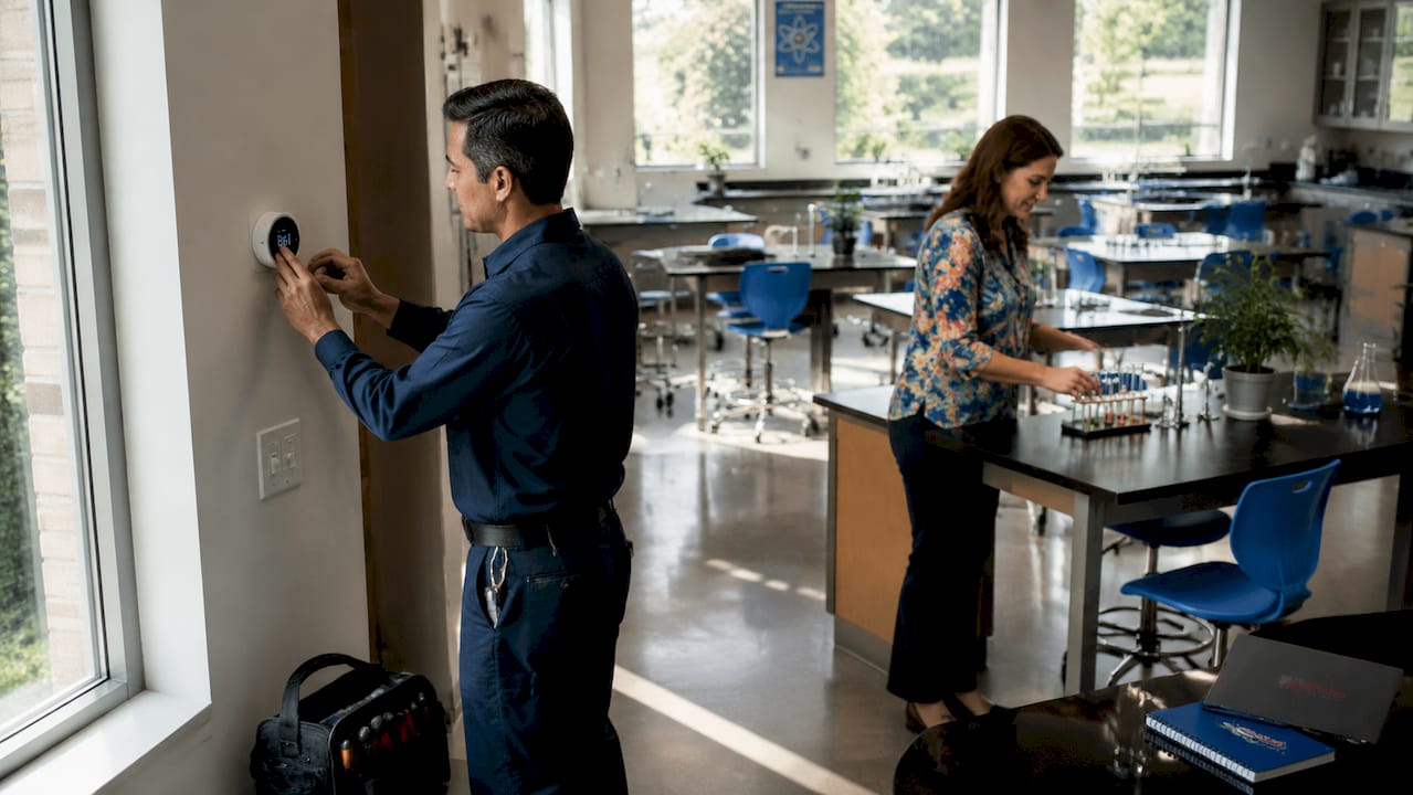 Technician and teacher managing classroom environment