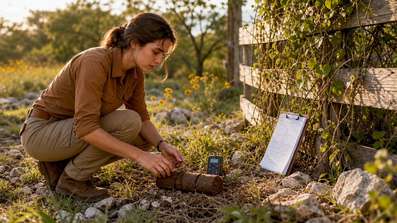 Hands holding soil sample and moisture meter outdoors