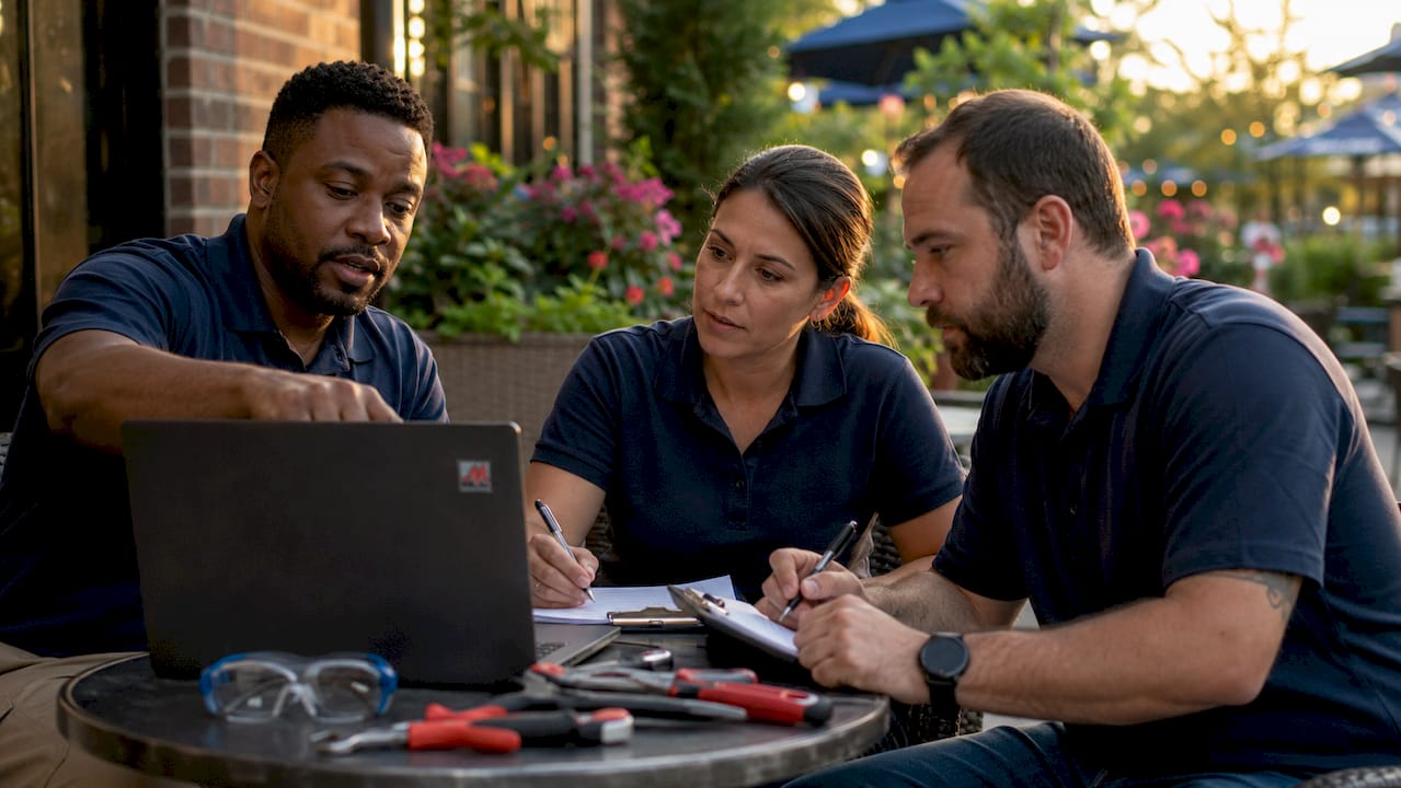 Maintenance technicians discussing KPI data