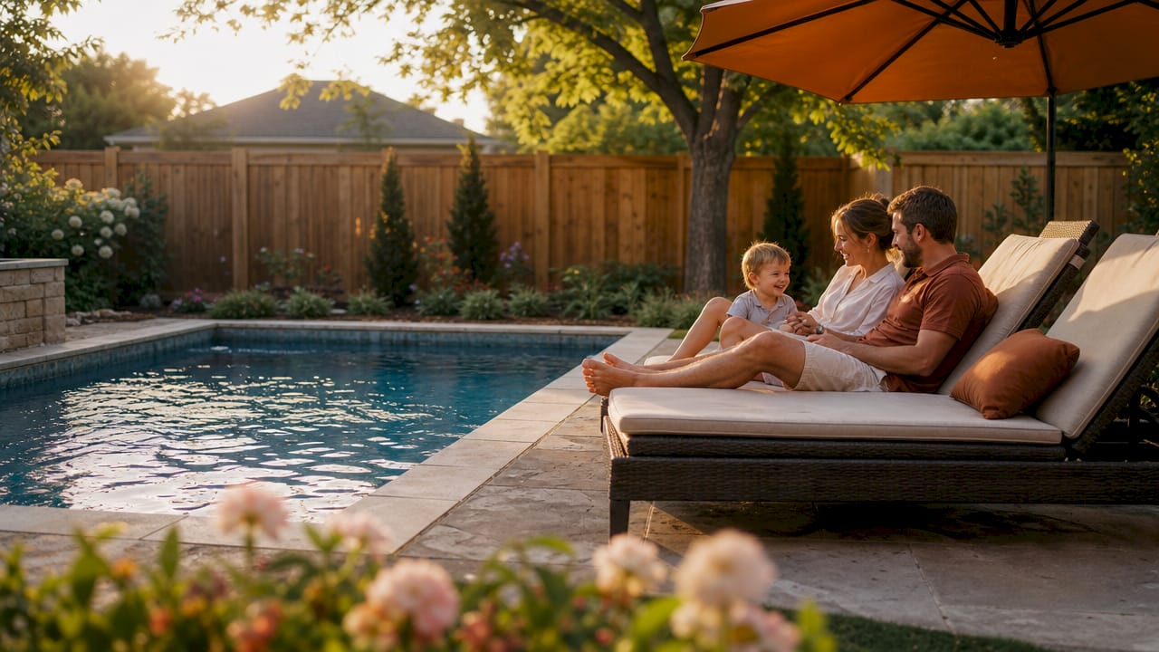 Small inground pool in compact yard aerial view