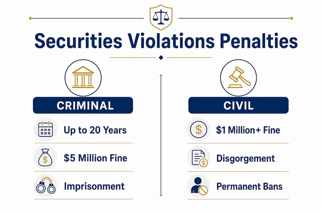 Infographic comparing criminal and civil penalties for securities violations