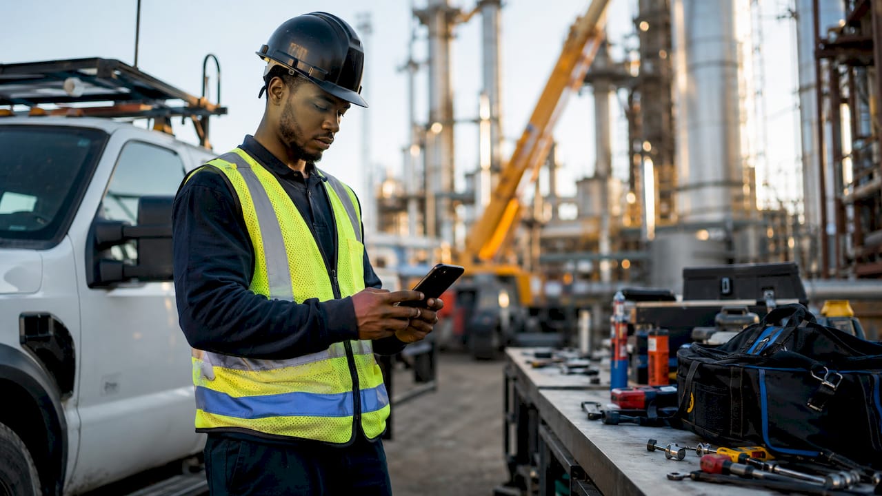 Technician checking dispatch app in warehouse