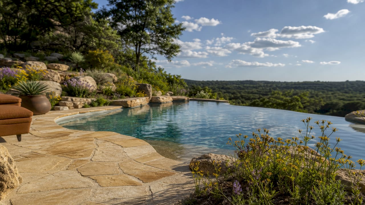 Freeform pool on steep Texas Hill Country lot