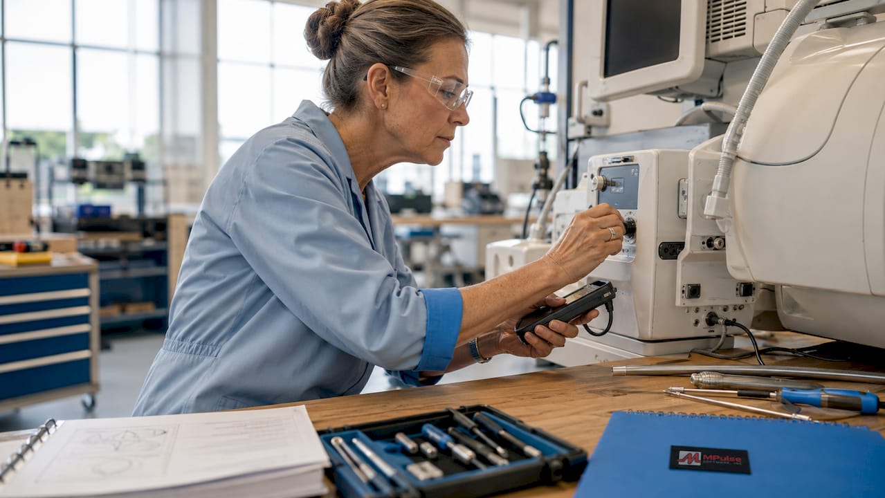 Engineer calibrating medical diagnostic equipment