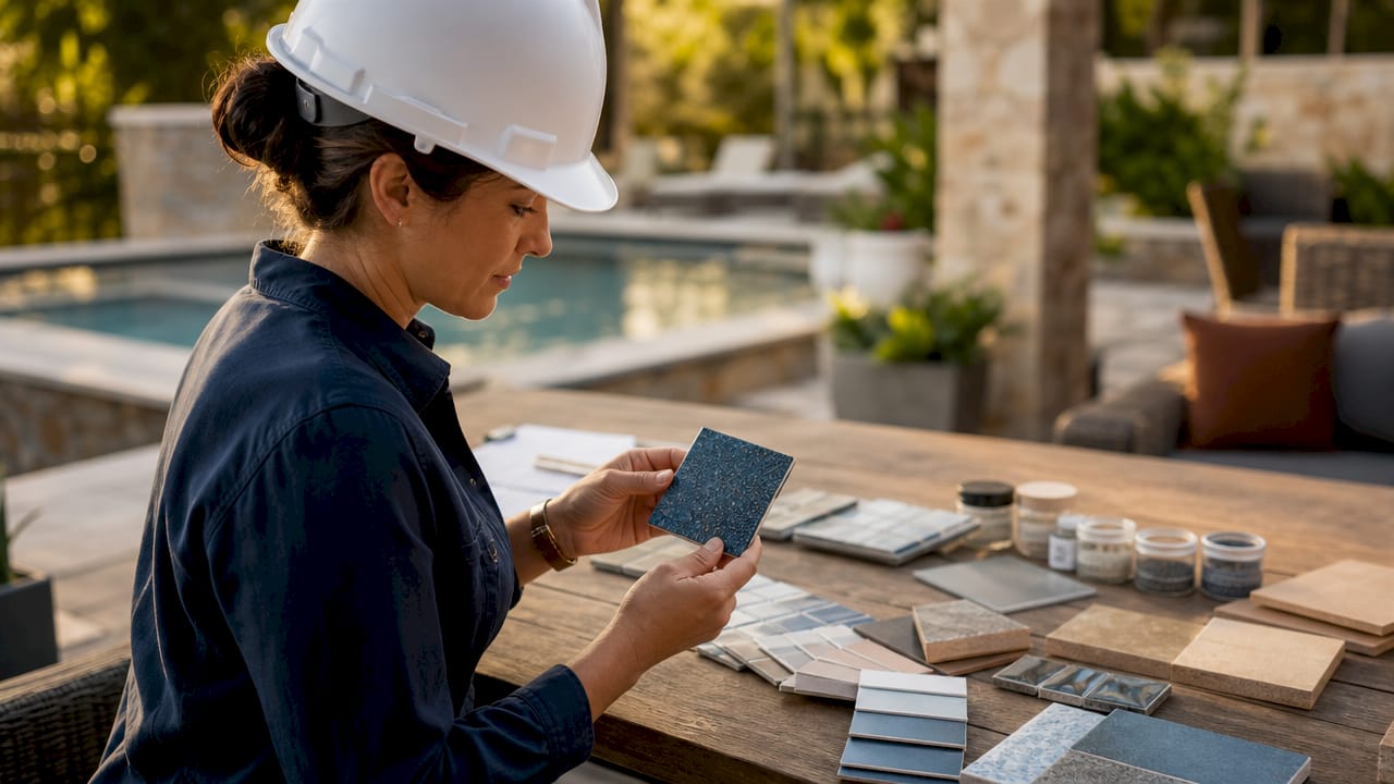 Engineer inspecting pool construction materials