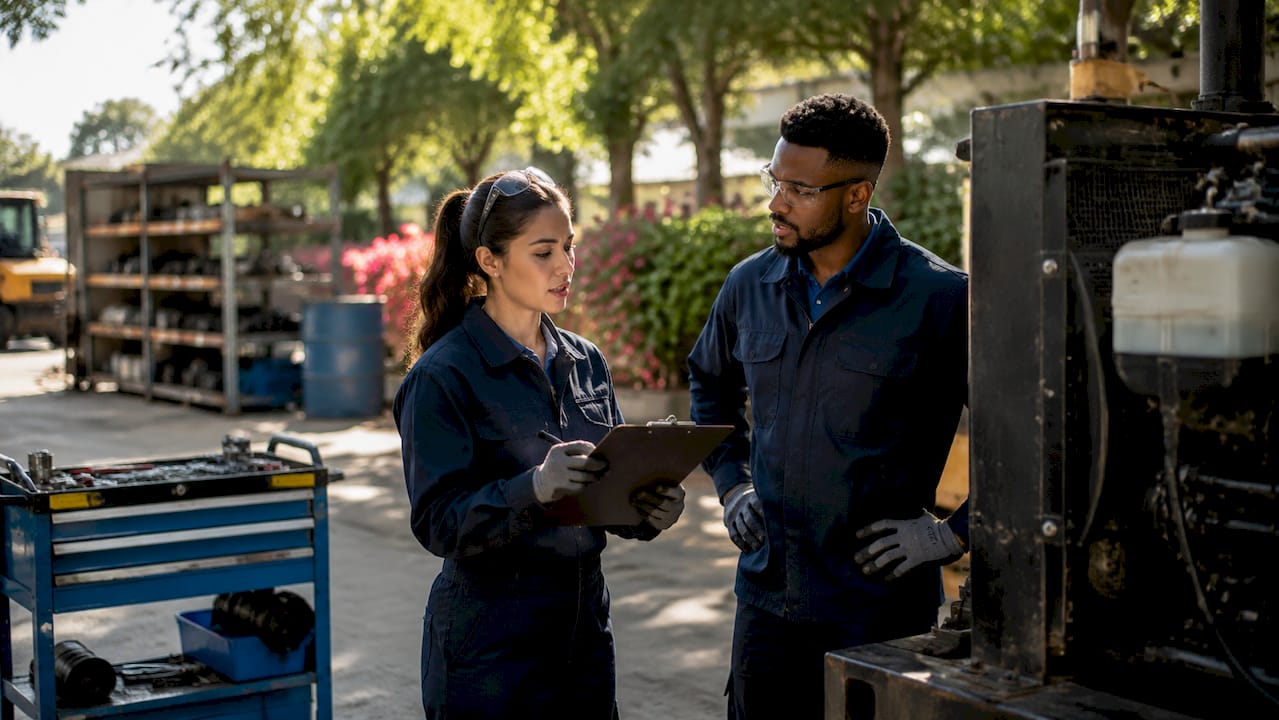 Technicians discussing prioritized maintenance tasks