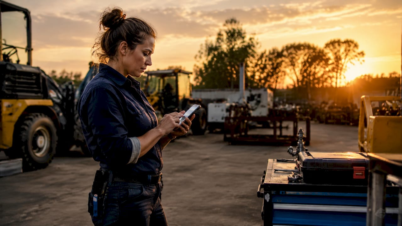 Technician using mobile maintenance app on smartphone