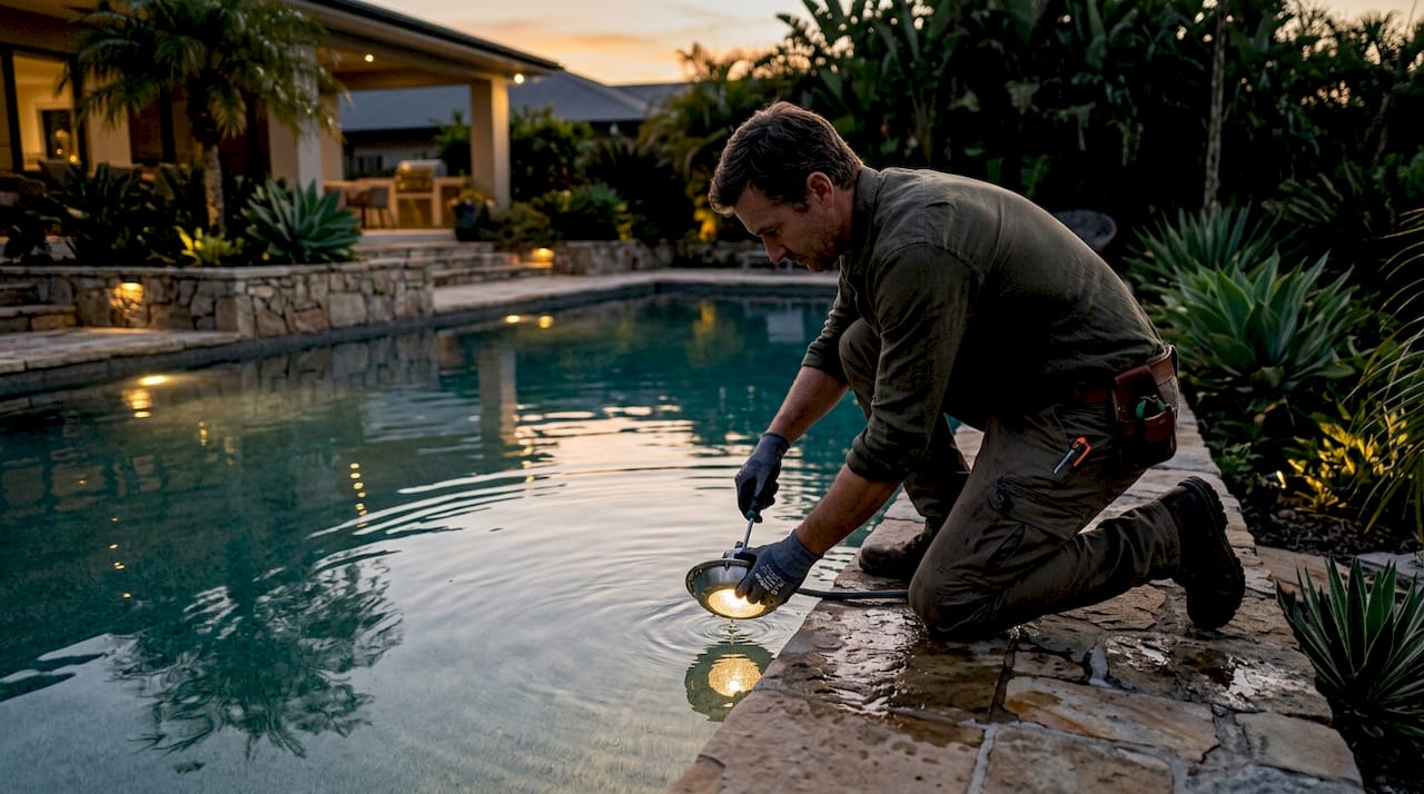 Installer positioning underwater pool light fixture