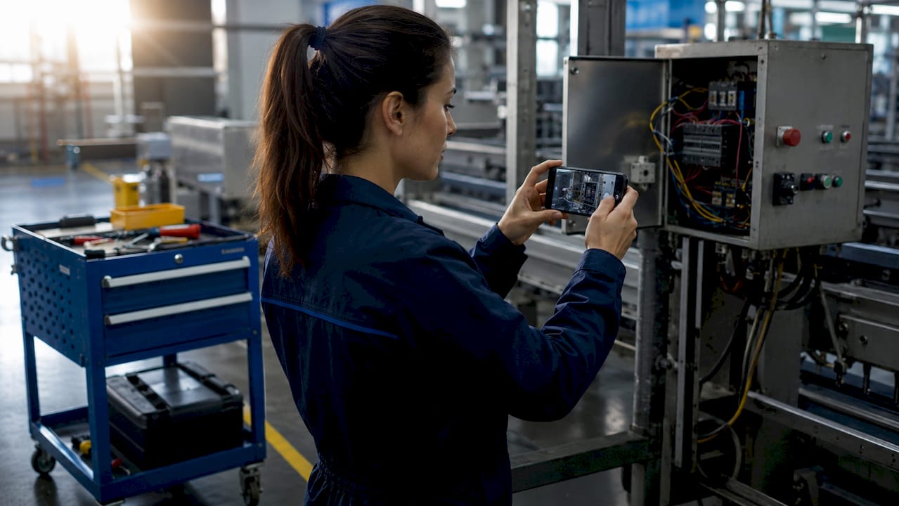 Technician photographing equipment fault indoors