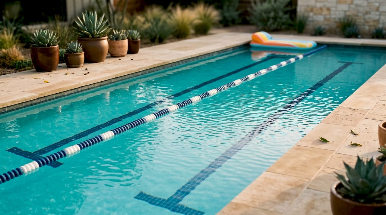 Overhead view of lap pool lanes with lane ropes