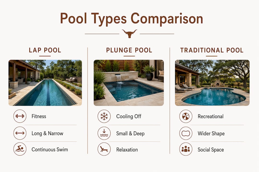 Infographic comparing lap pools, plunge pools, and traditional pools