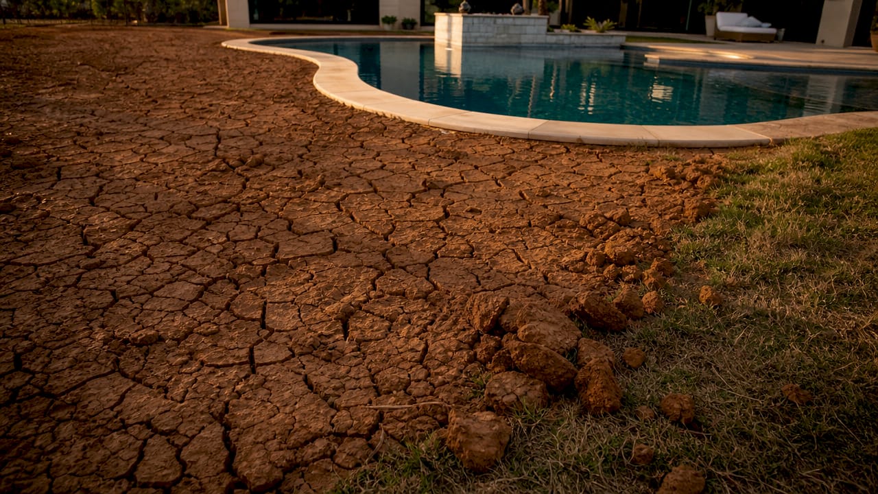 Close-up of expansive Texas clay soil cracking near pool