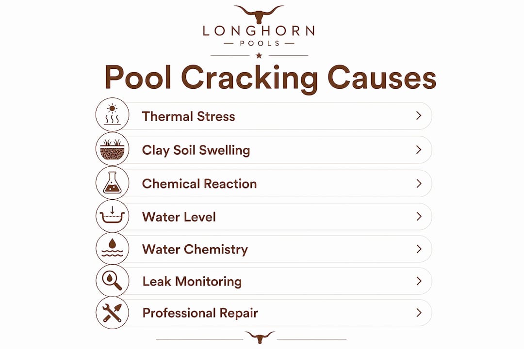 Infographic explaining pool cracking causes and maintenance steps