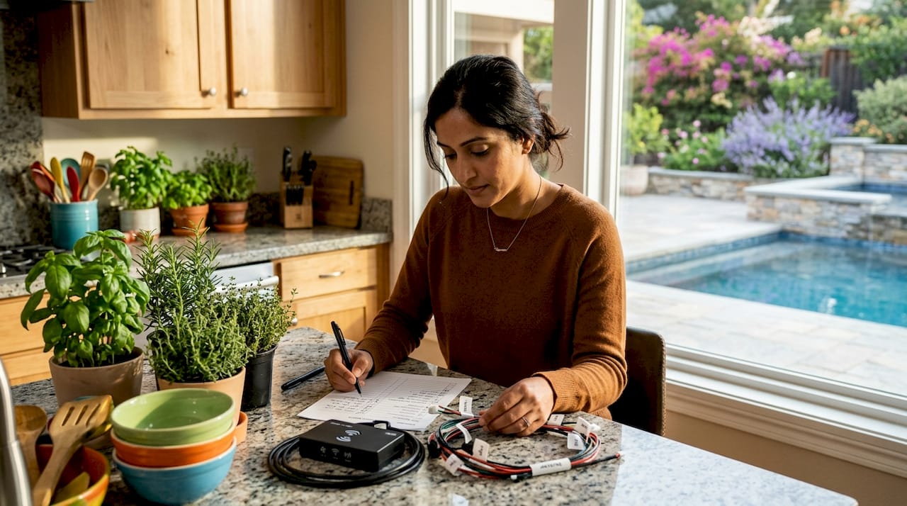 Woman organizing smart pool installation components outdoors