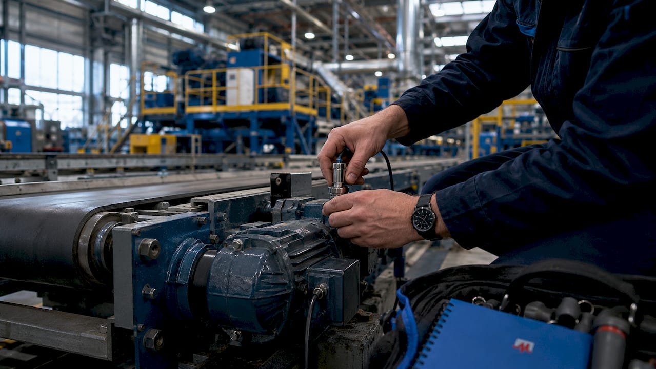 Technician adjusting conveyor belt vibration sensor