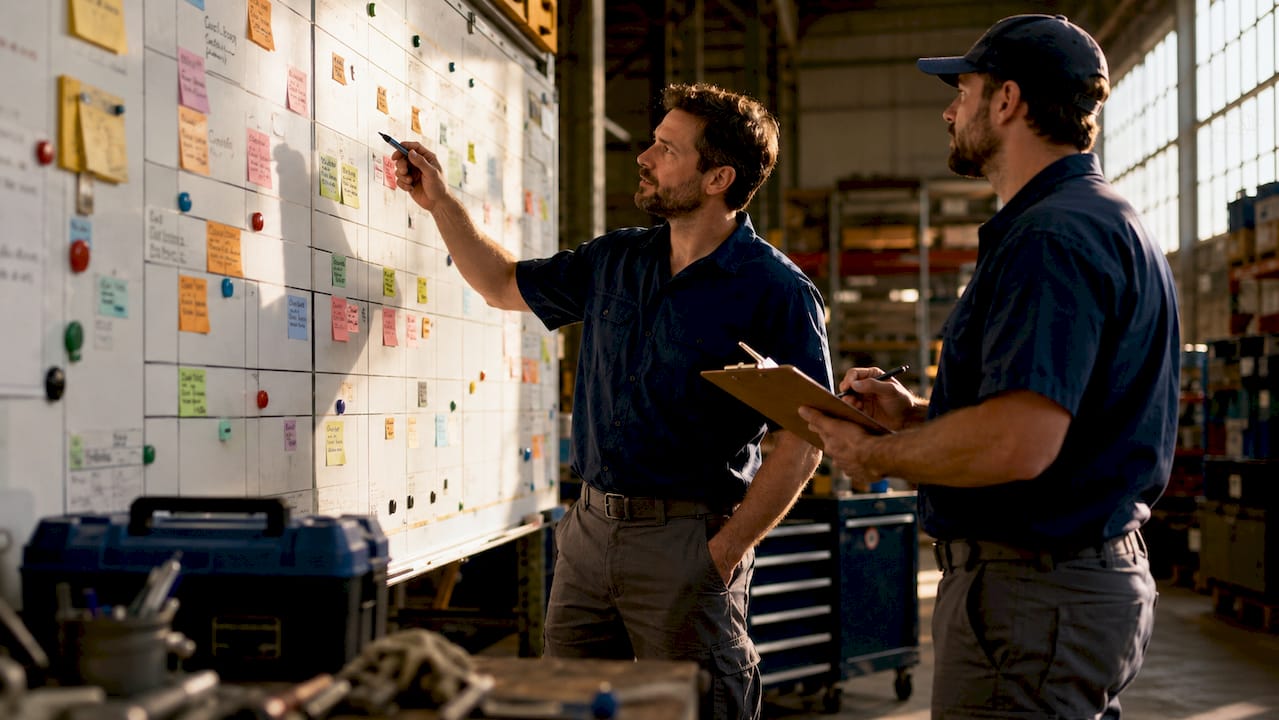Technicians consulting scheduling board