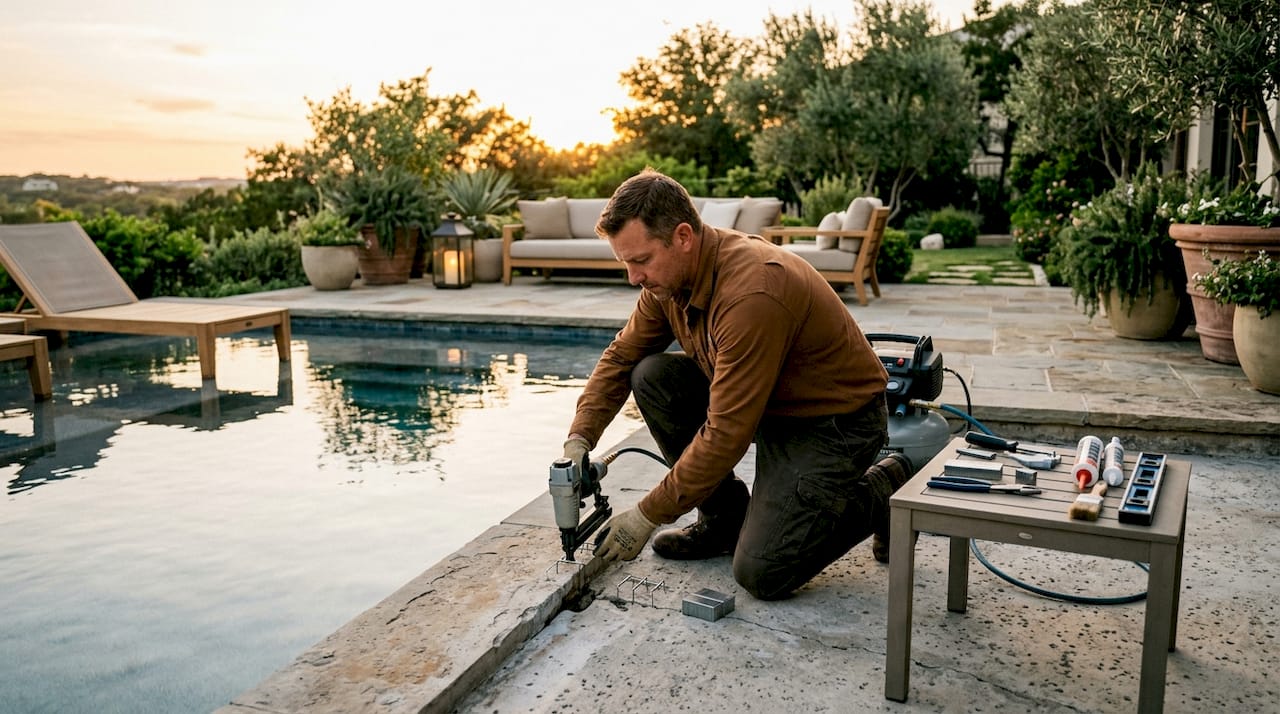 Hands applying staples on pool crack repair