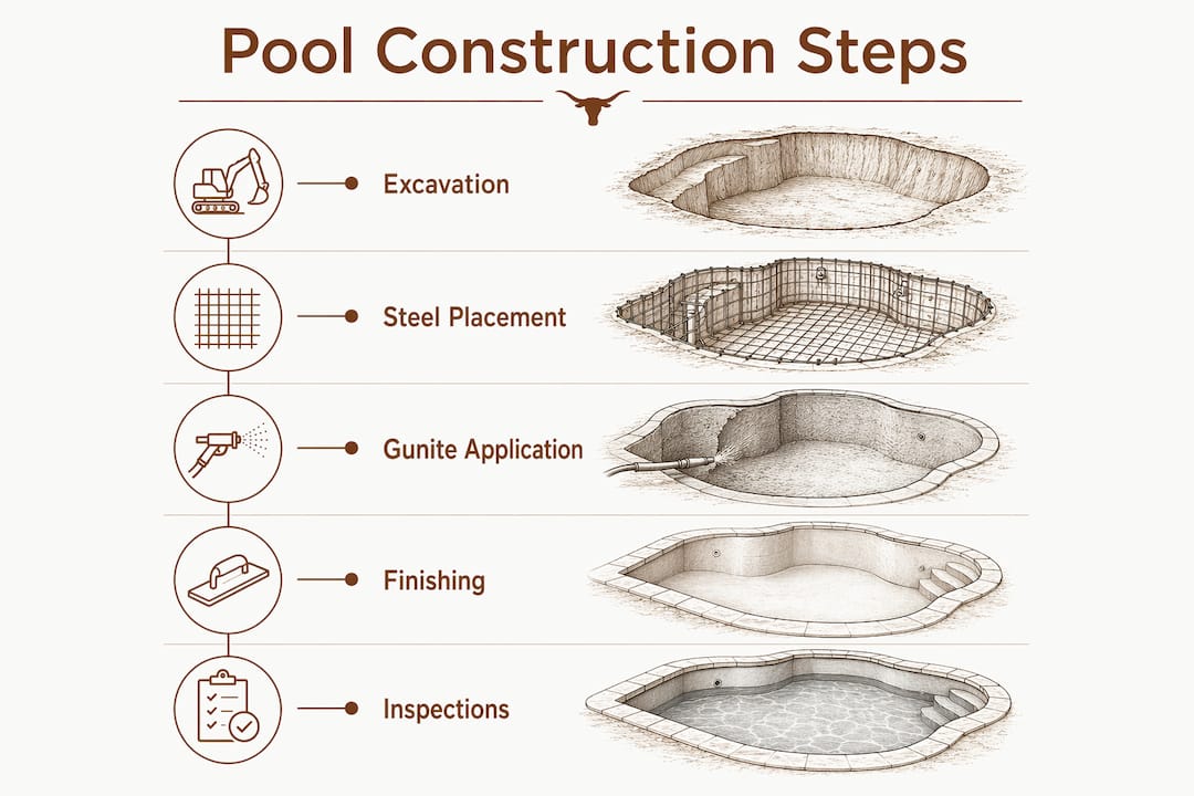 Infographic illustrating resort pool construction steps
