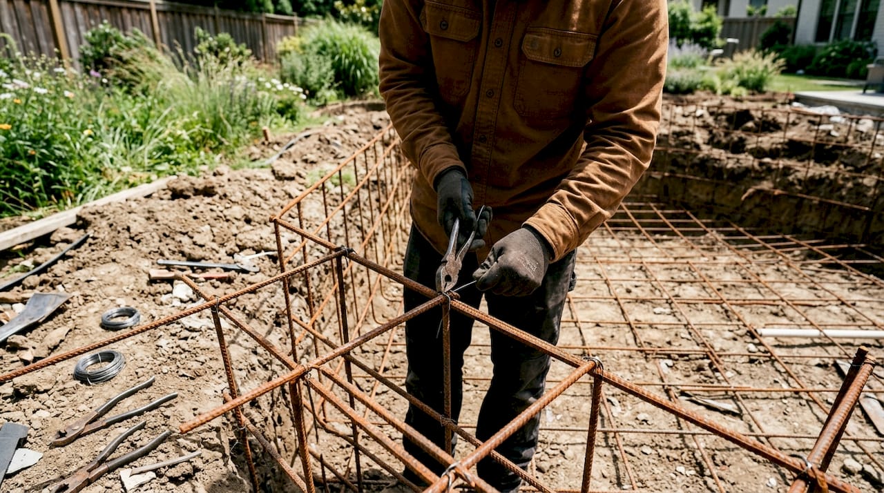 Technician tying rebar for pool structure