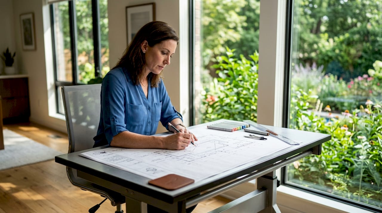 Architect working on luxury pool blueprint design