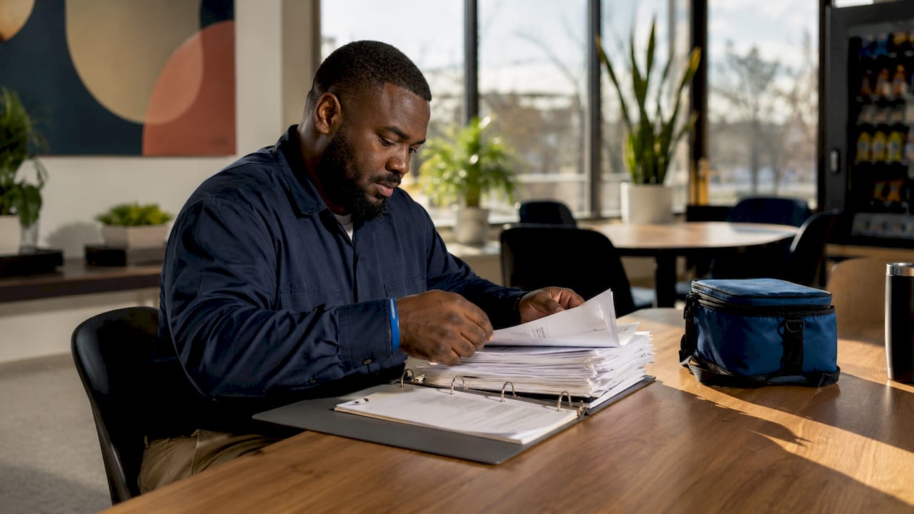 Technician updating contractor compliance binder