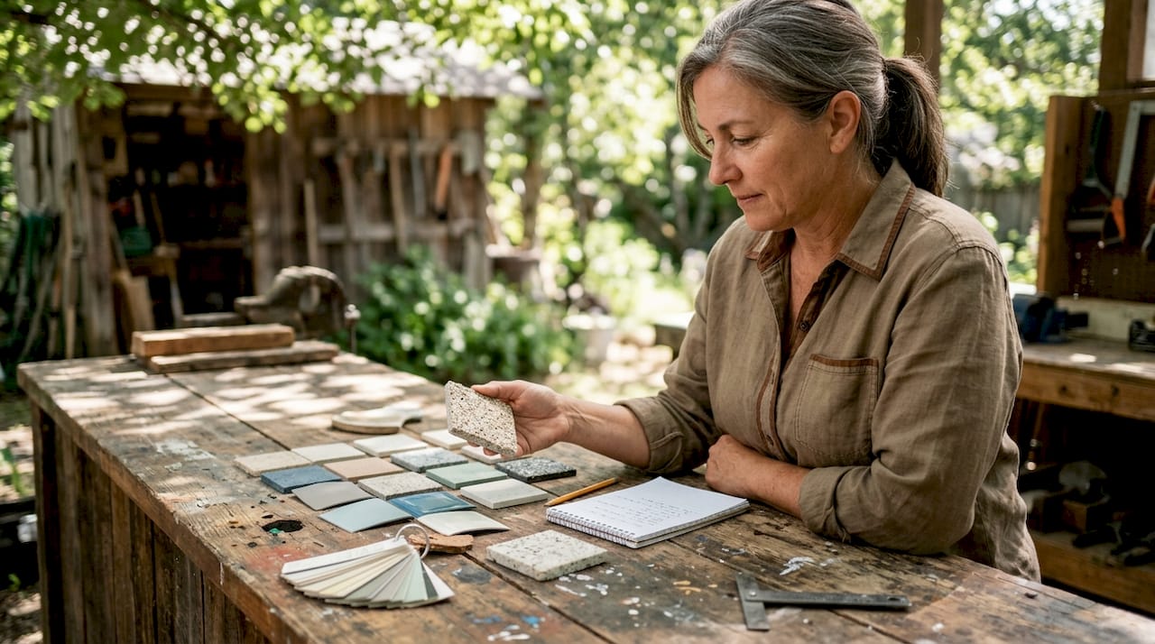 Homeowner examining pool finish samples indoors