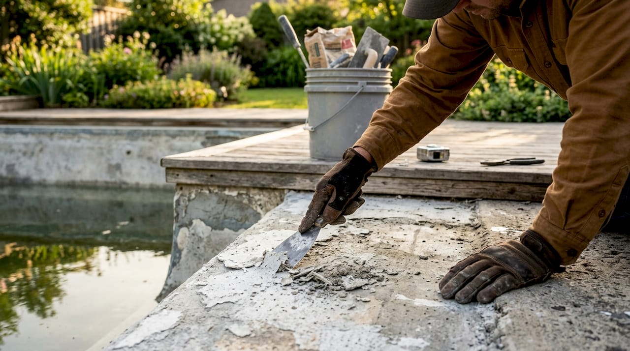 Contractor scraping damaged pool plaster close-up