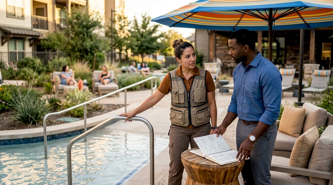 Team inspecting safety features at apartment pool
