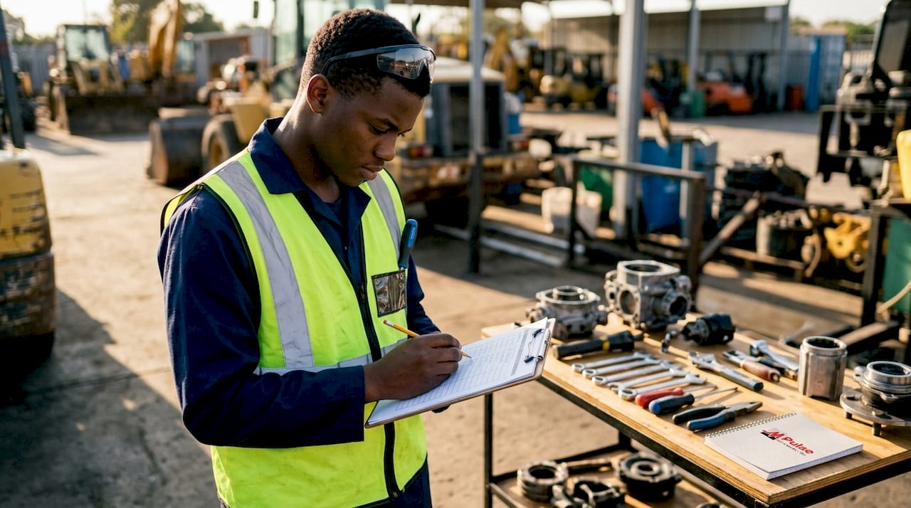 Technician marking equipment maintenance checklist