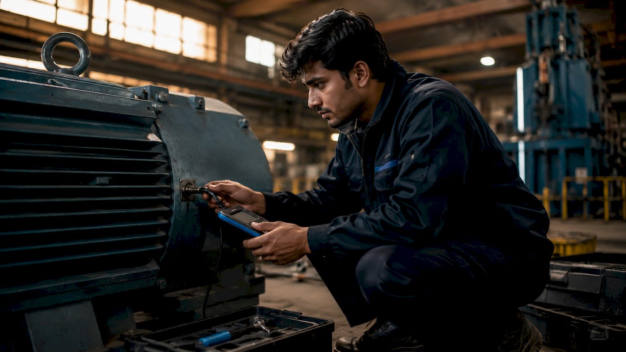 Technician inspecting motor sensor with diagnostic tool