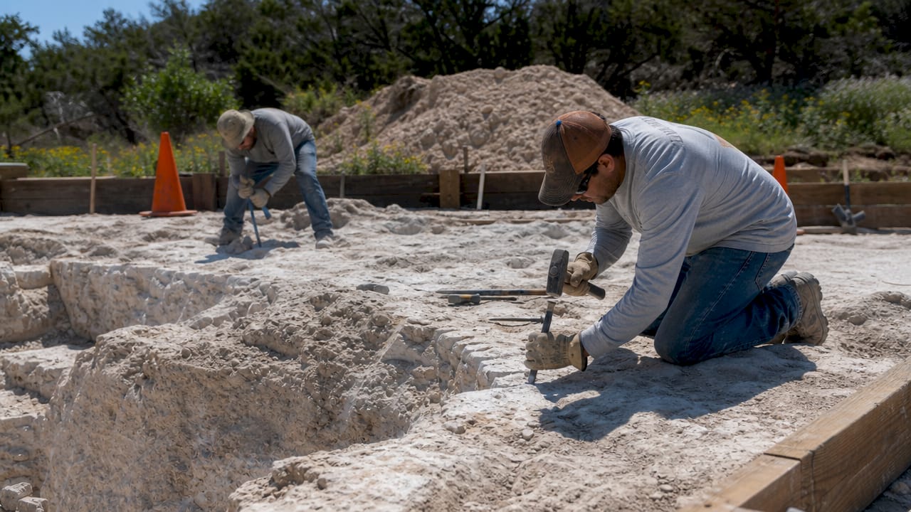Hands chiseling limestone bedrock at pool site