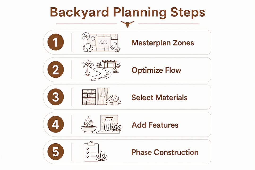 Infographic showing vertical flow of backyard planning steps