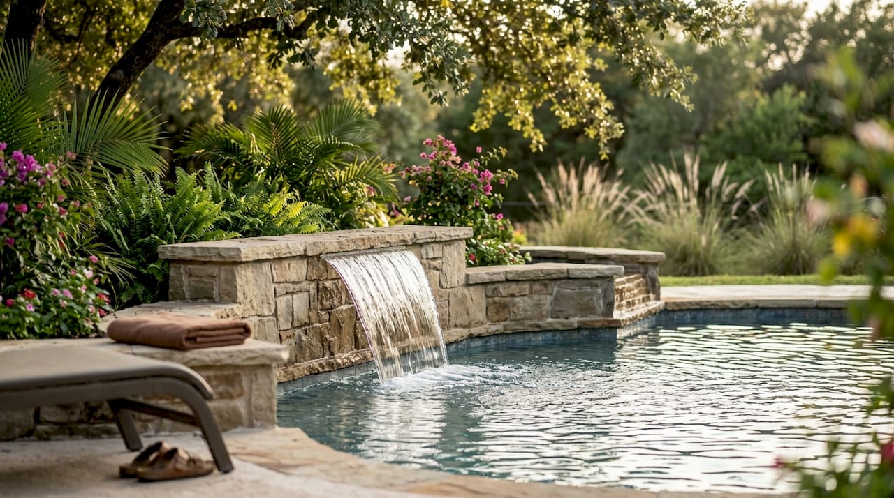 Sheer descent waterfall flowing into pool