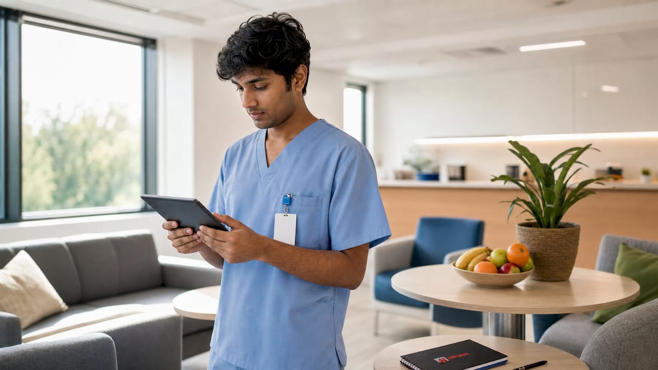 Technician using tablet for hospital work orders