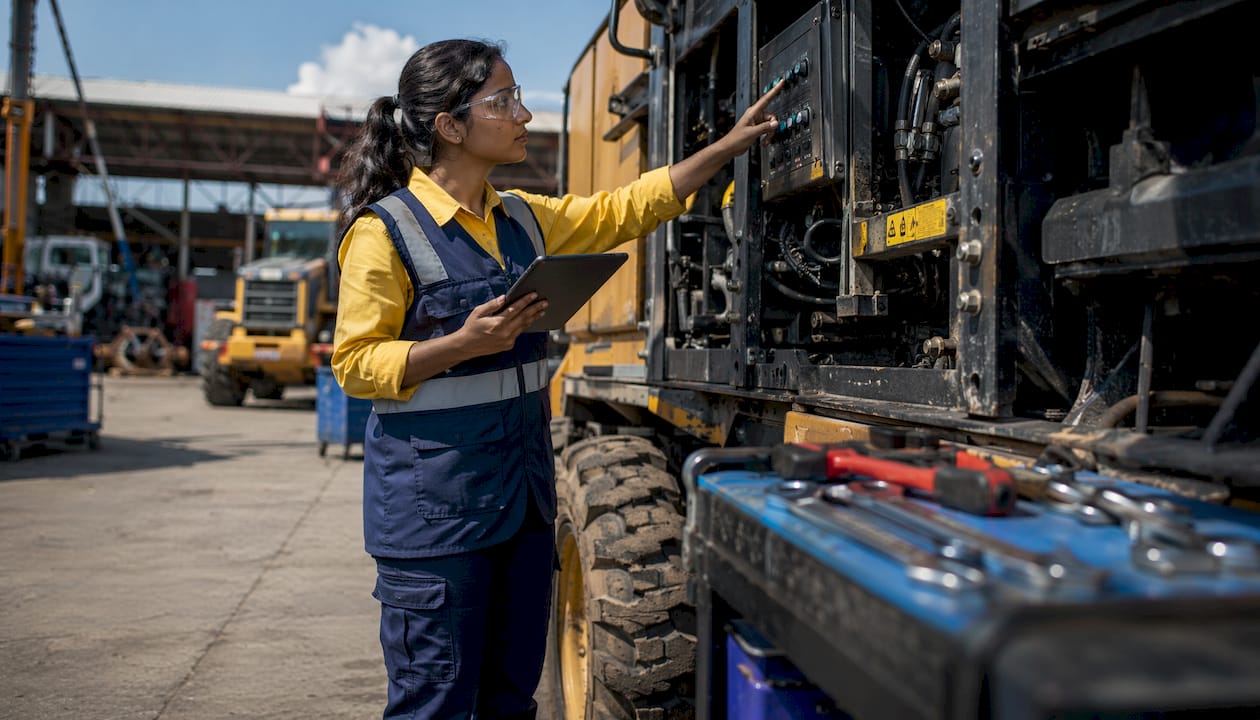 Technician inspecting industrial machine on factory floor