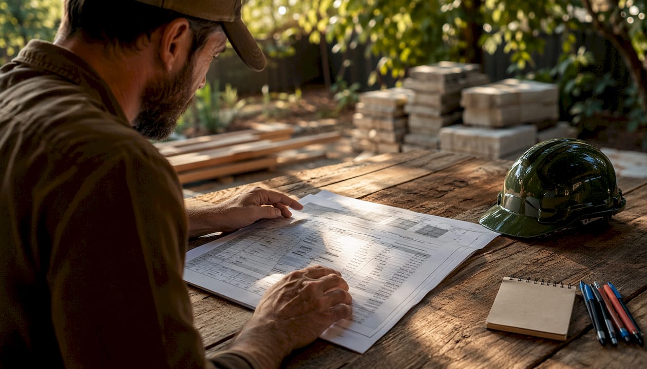 Contractor reviewing pool budget documents outdoors