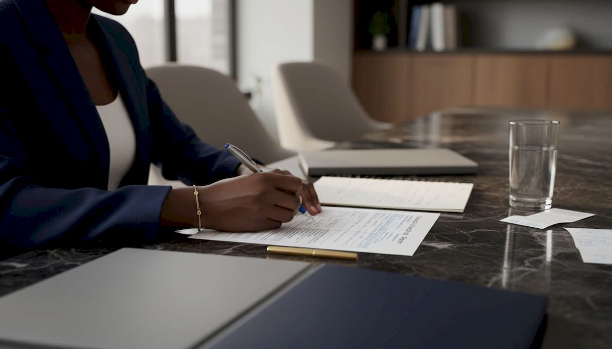 Hands annotating SAR form at conference table