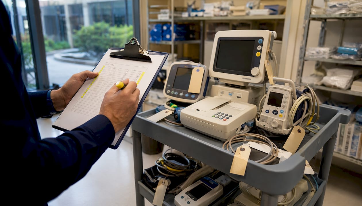 Hands conducting medical asset inventory checklist