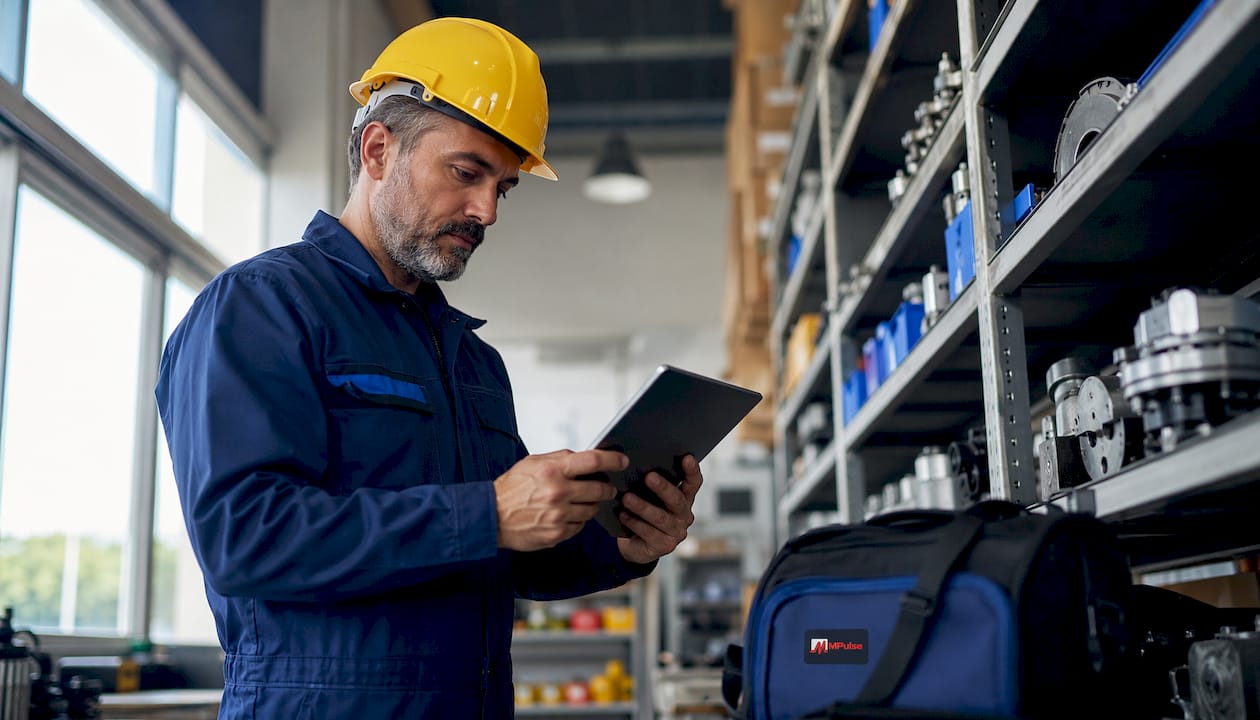 Technician inspecting asset with tablet