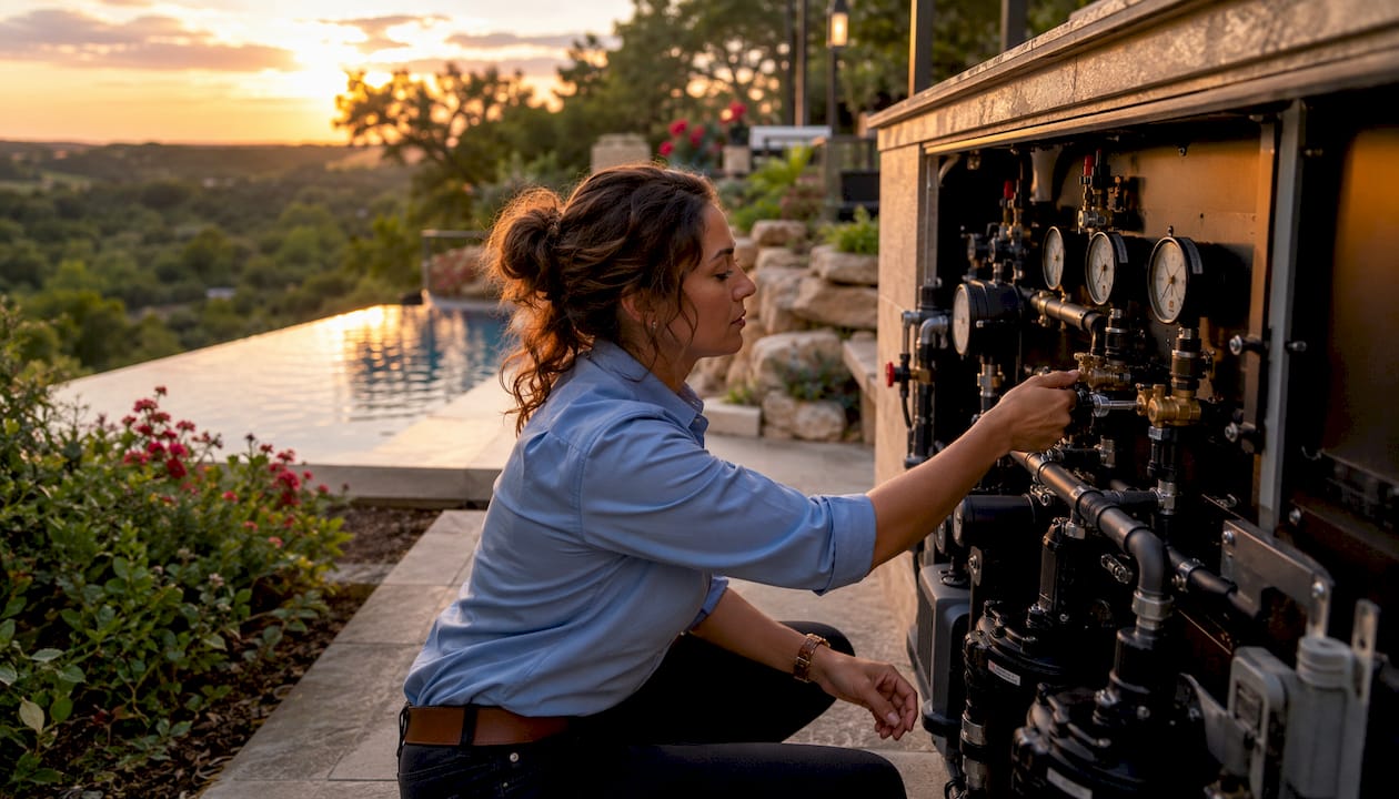Technician adjusting hydraulic controls of infinity edge pool