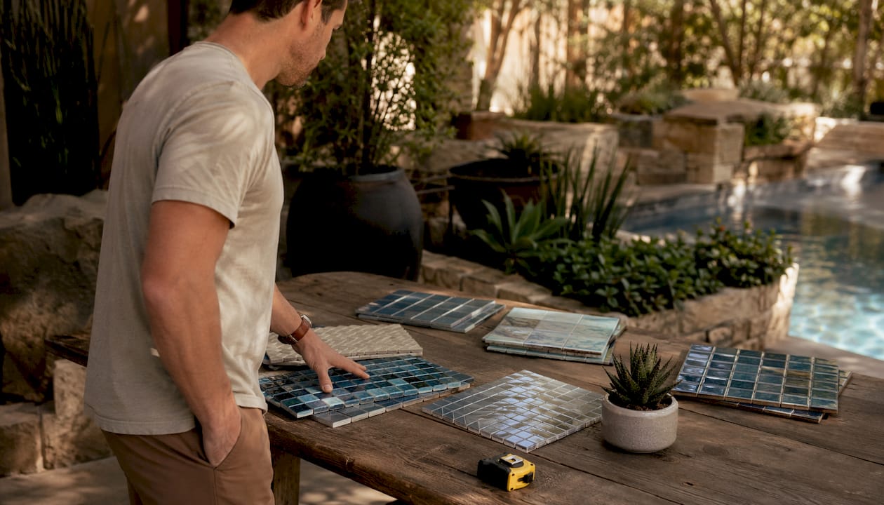 Premium glass mosaic tile samples on table