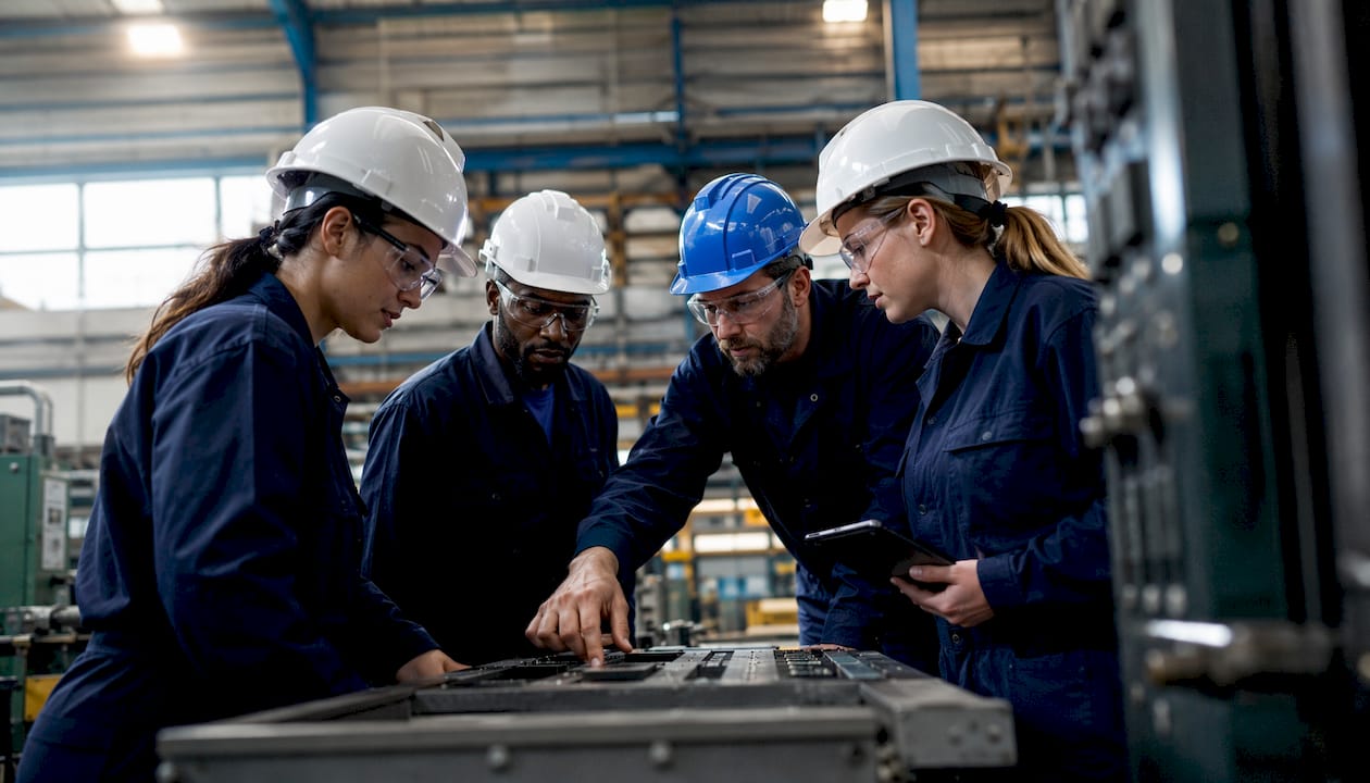 Maintenance team discussing audit near control panel
