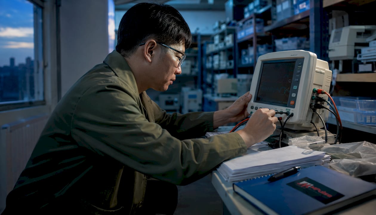 Technician calibrating medical device in hospital workshop