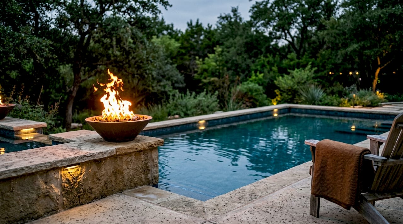 Fire bowl glowing at pool corner at twilight